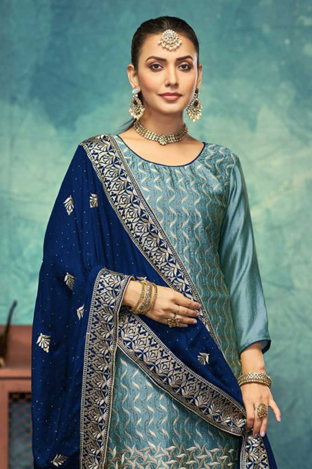 Teal Color Vichitra Fabric Festive Style Vintage Salwar Suit | Buy Online India
