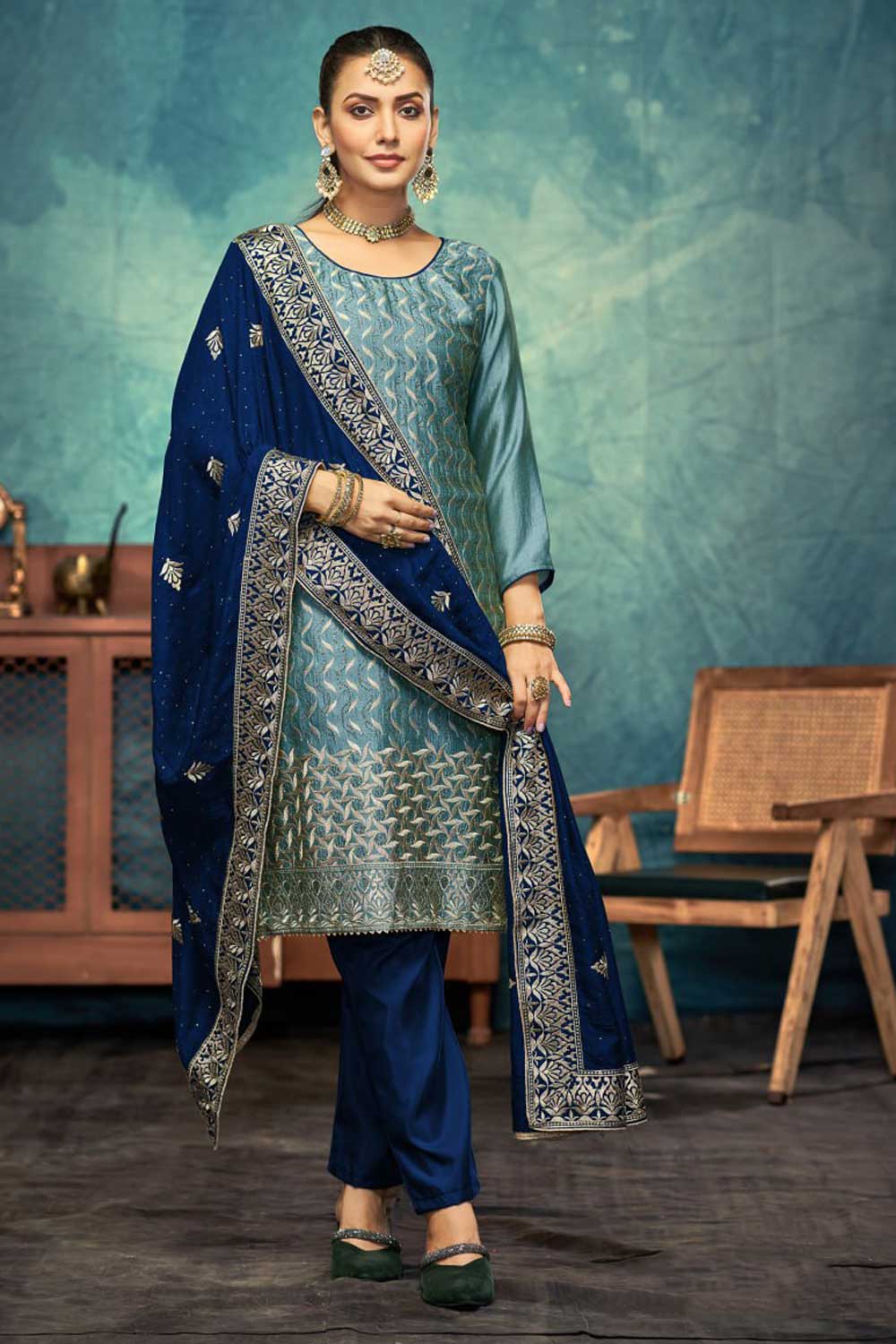 Teal Color Vichitra Fabric Festive Style Vintage Salwar Suit | Buy Online India