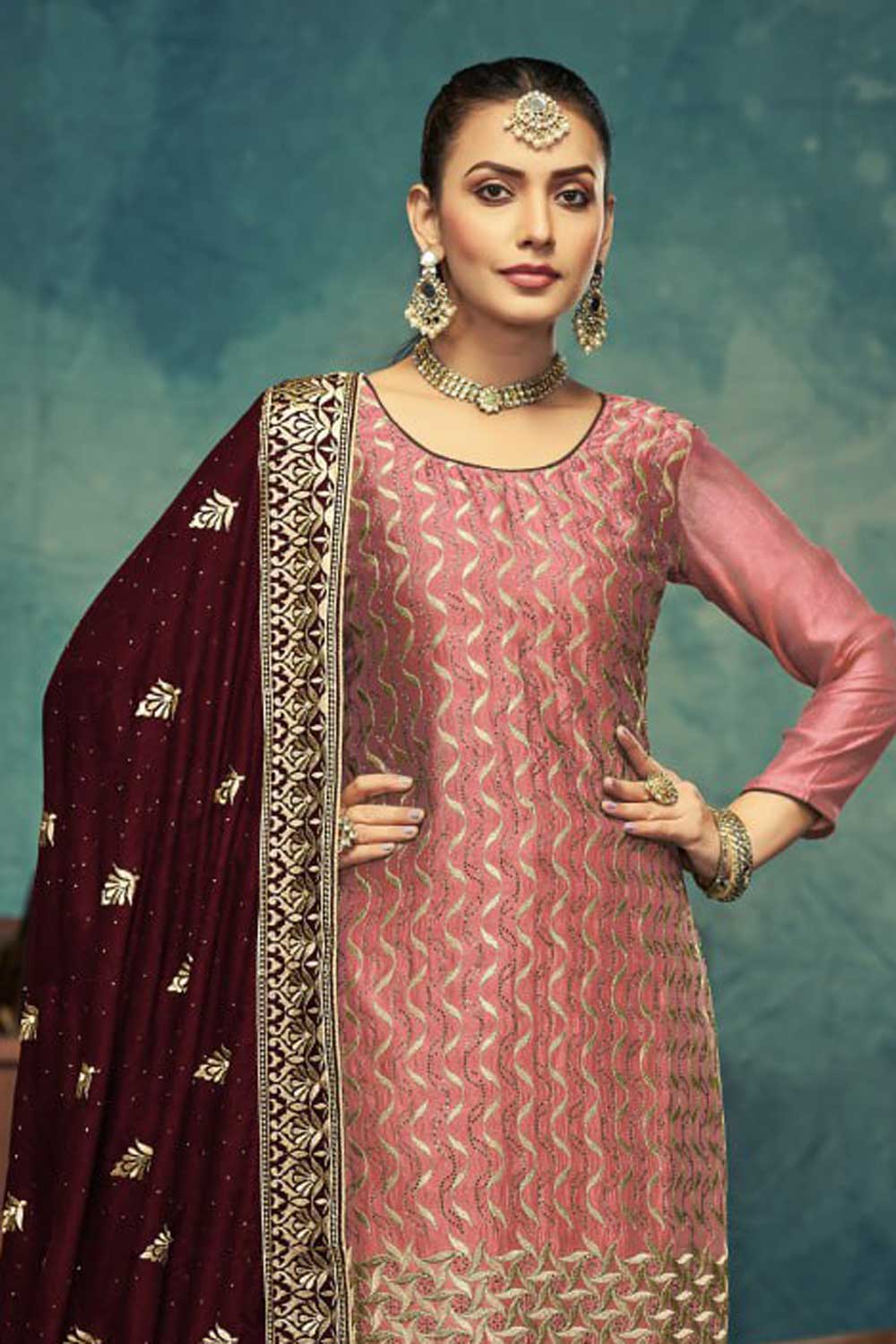 Vichitra Fabric Festive Style Lovely Salwar Suit In Pink Color | Buy Online India