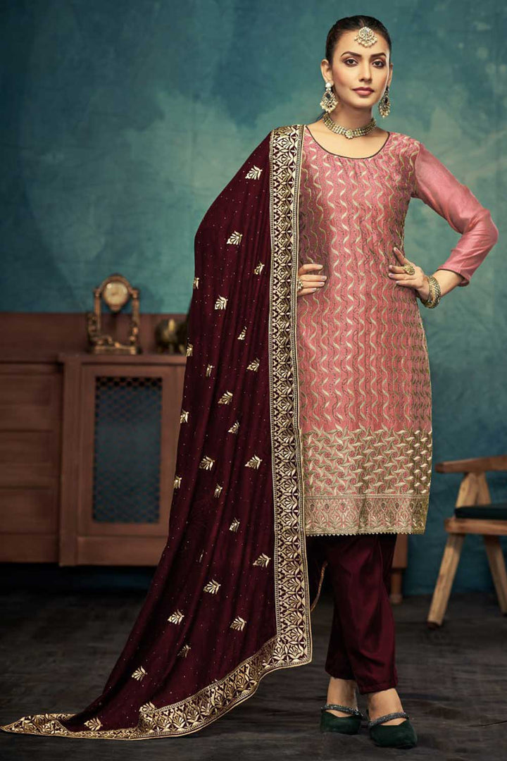 Vichitra Fabric Festive Style Lovely Salwar Suit In Pink Color | Buy Online India