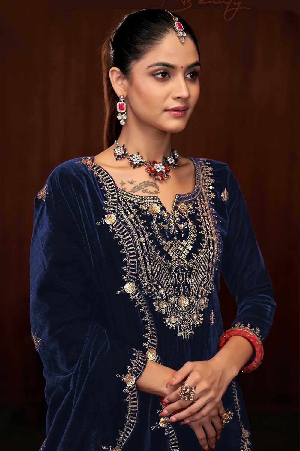Tempting Navy Blue Color Function Wear Velvet Palazzo Suit | Buy Online India