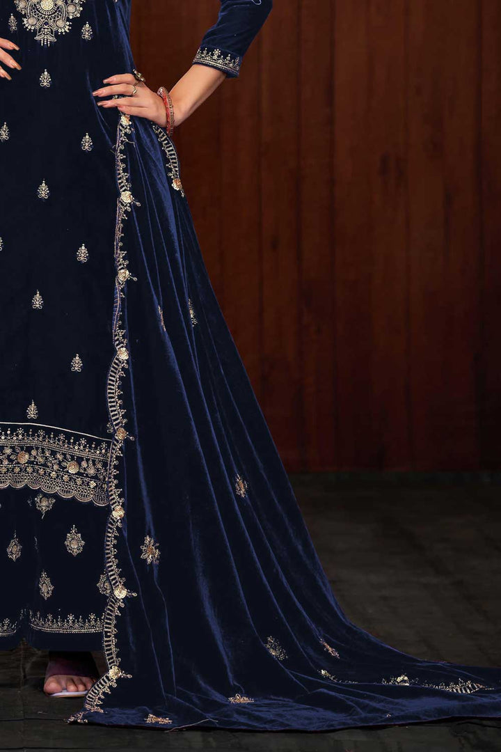 Tempting Navy Blue Color Function Wear Velvet Palazzo Suit | Buy Online India