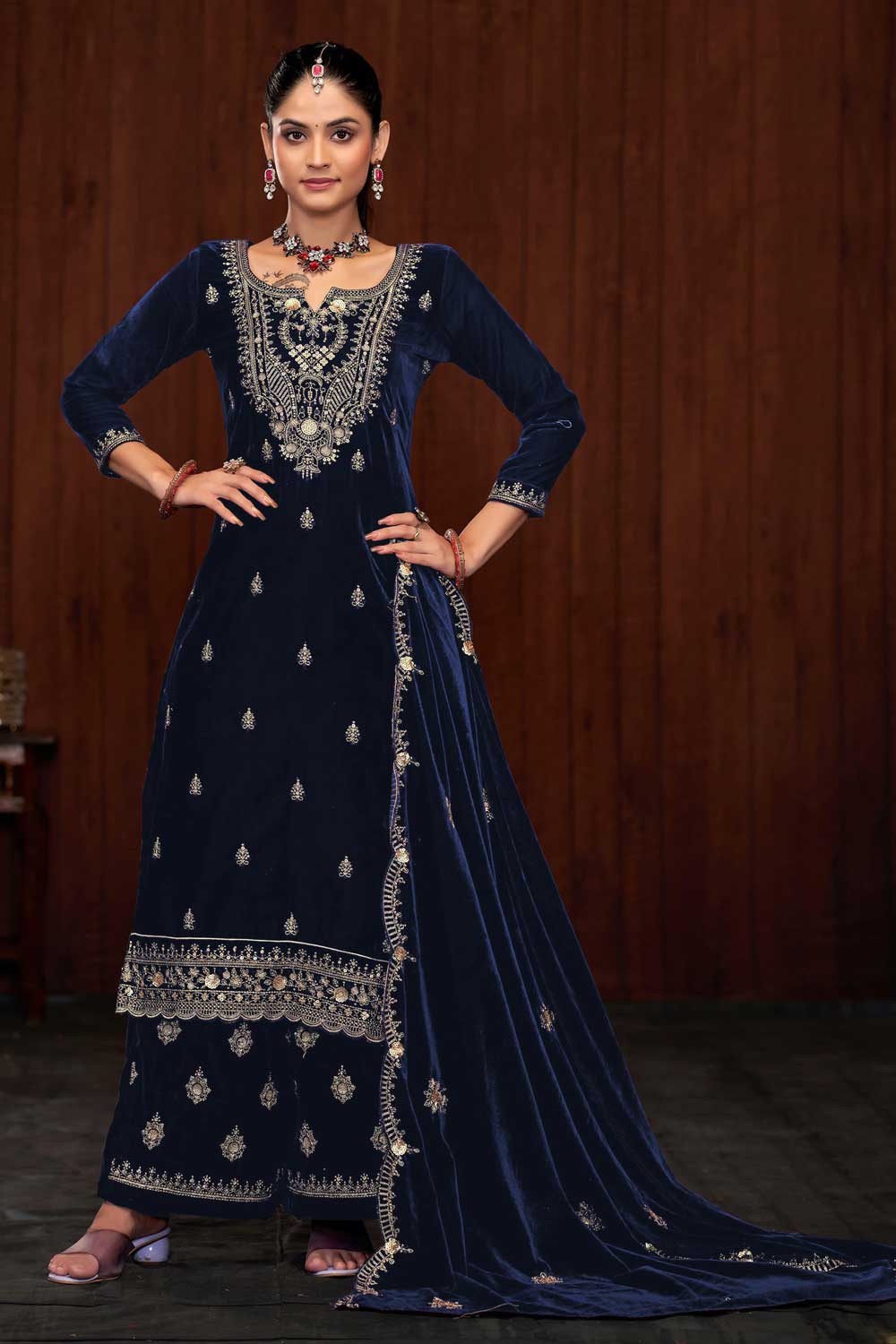 Tempting Navy Blue Color Function Wear Velvet Palazzo Suit | Buy Online India