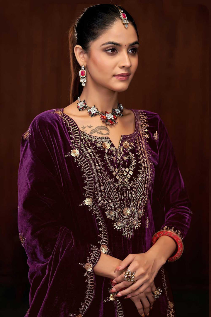 Engaging Wine Color Function Wear Velvet Palazzo Suit | Buy Online India