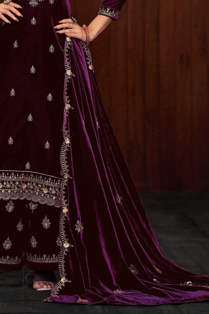 Engaging Wine Color Function Wear Velvet Palazzo Suit | Buy Online India