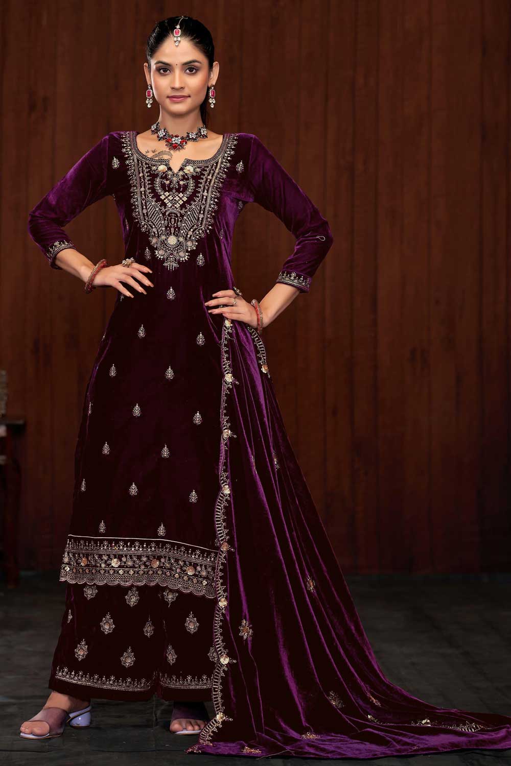 Engaging Wine Color Function Wear Velvet Palazzo Suit | Buy Online India