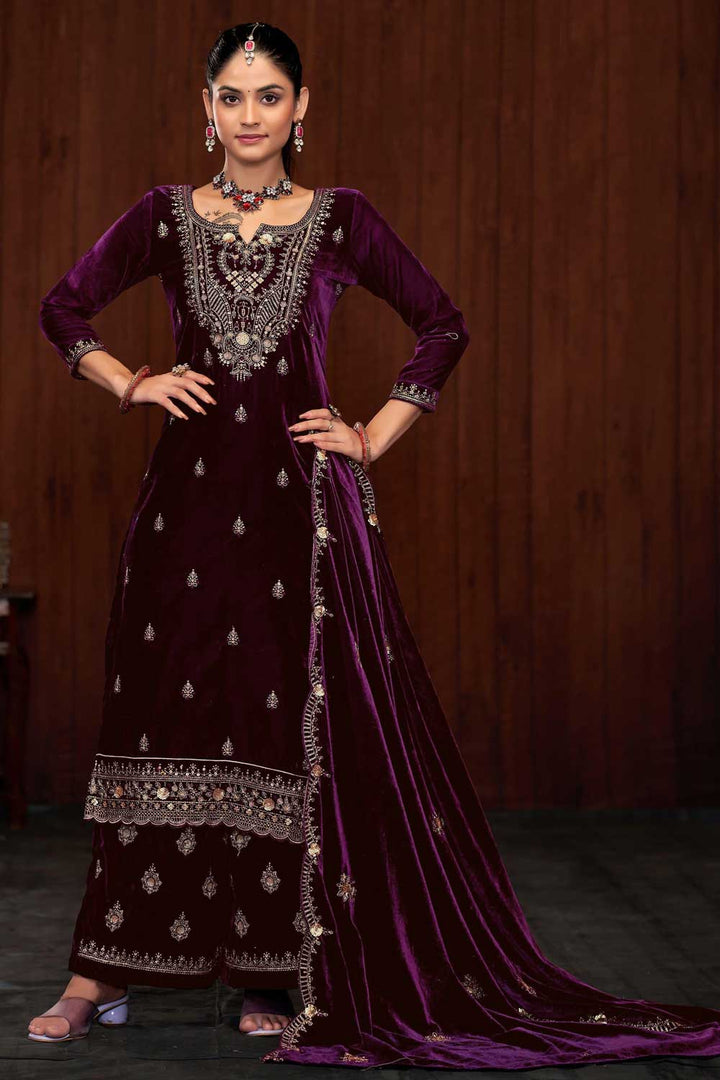 Engaging Wine Color Function Wear Velvet Palazzo Suit | Buy Online India