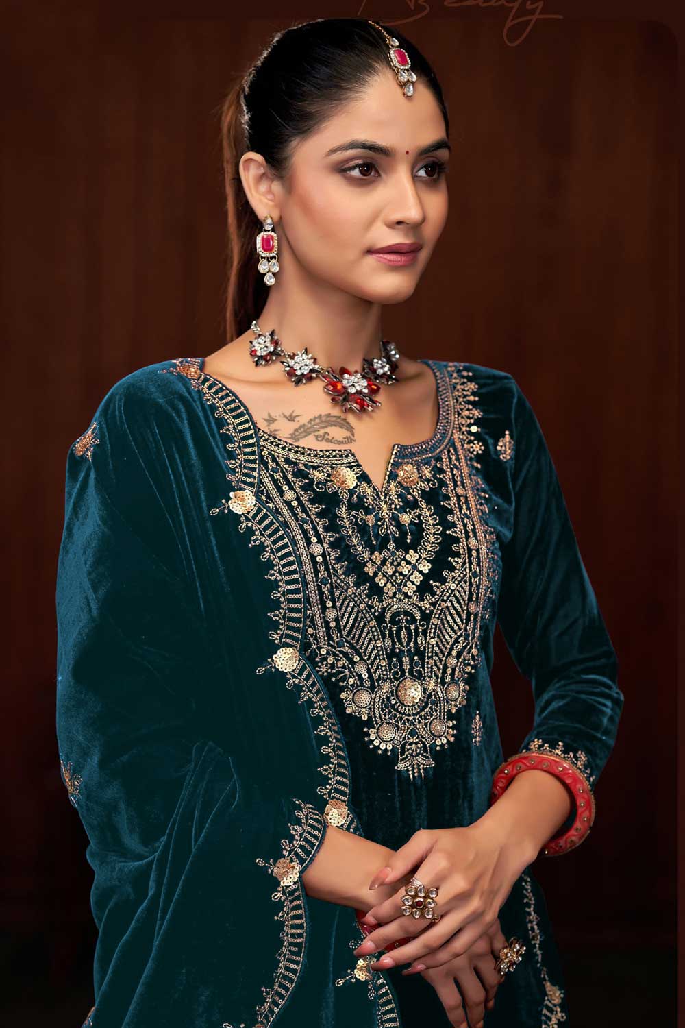 Classic Teal Color Function Wear Velvet Palazzo Suit | Buy Online India