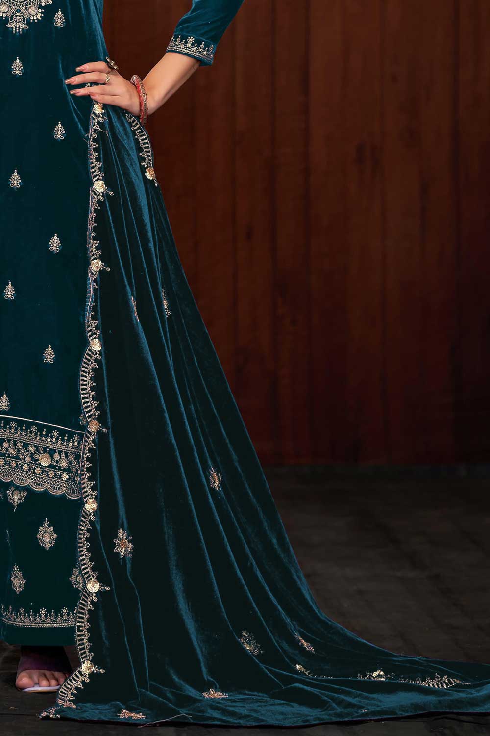 Classic Teal Color Function Wear Velvet Palazzo Suit | Buy Online India