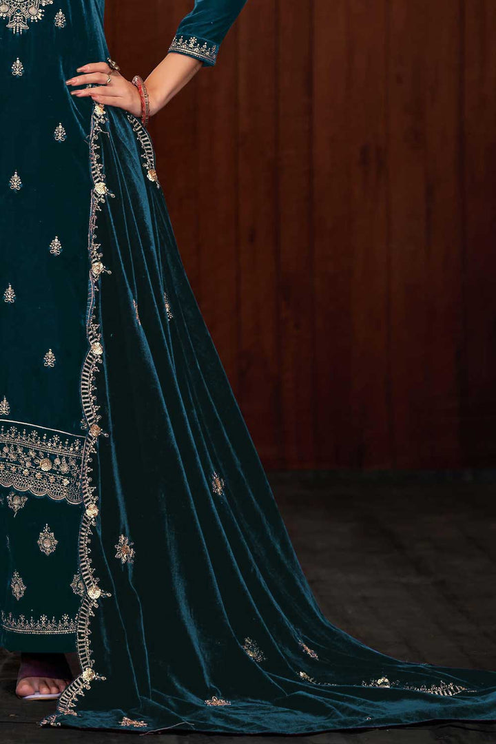 Classic Teal Color Function Wear Velvet Palazzo Suit | Buy Online India