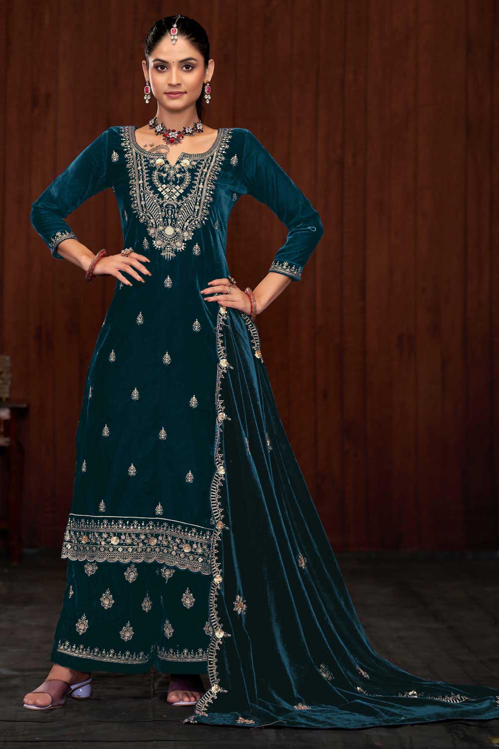 Classic Teal Color Function Wear Velvet Palazzo Suit | Buy Online India