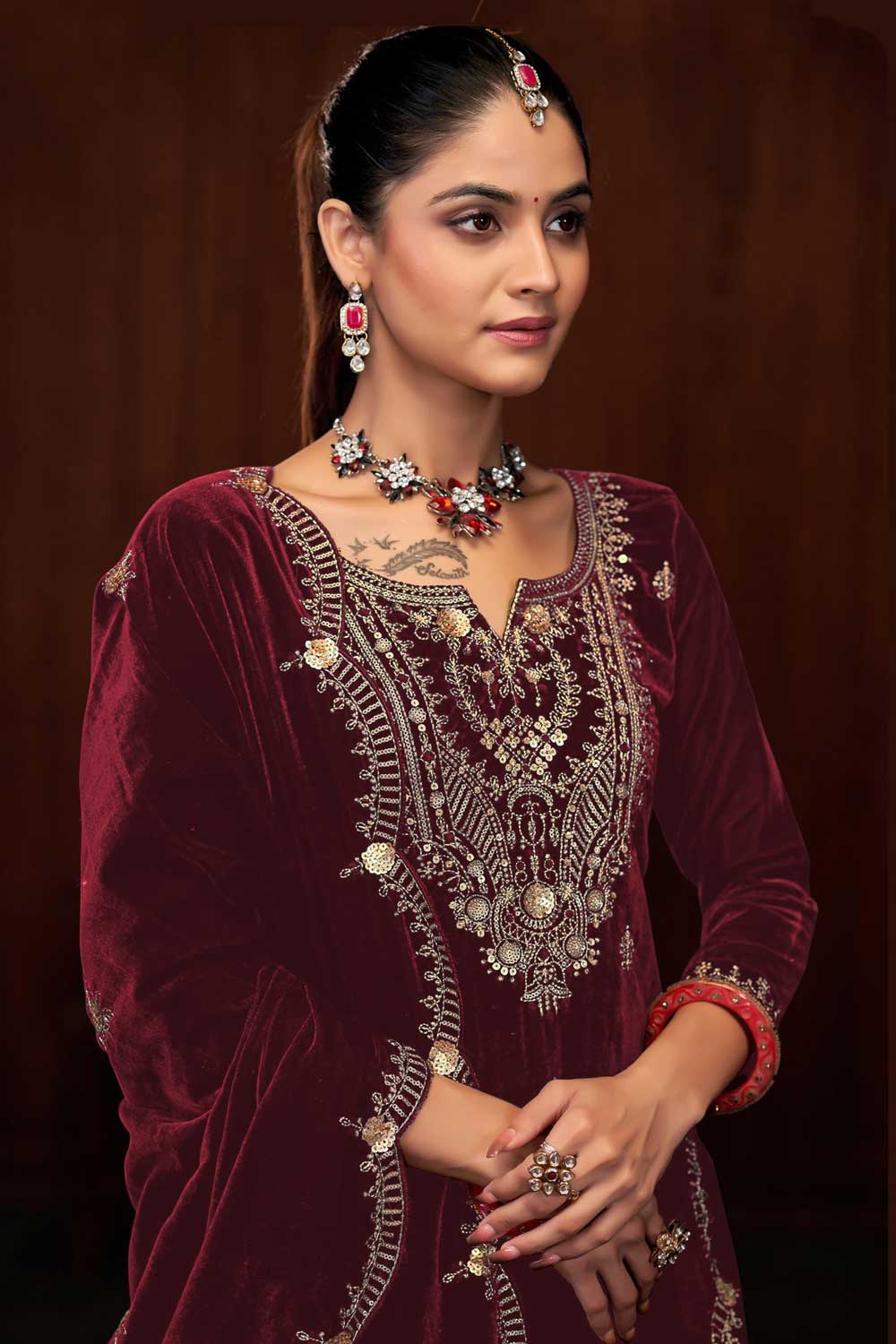 Maroon Color Function Wear Winsome Velvet Palazzo Suit | Buy Online India