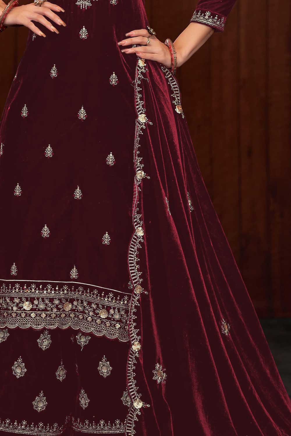 Maroon Color Function Wear Winsome Velvet Palazzo Suit | Buy Online India