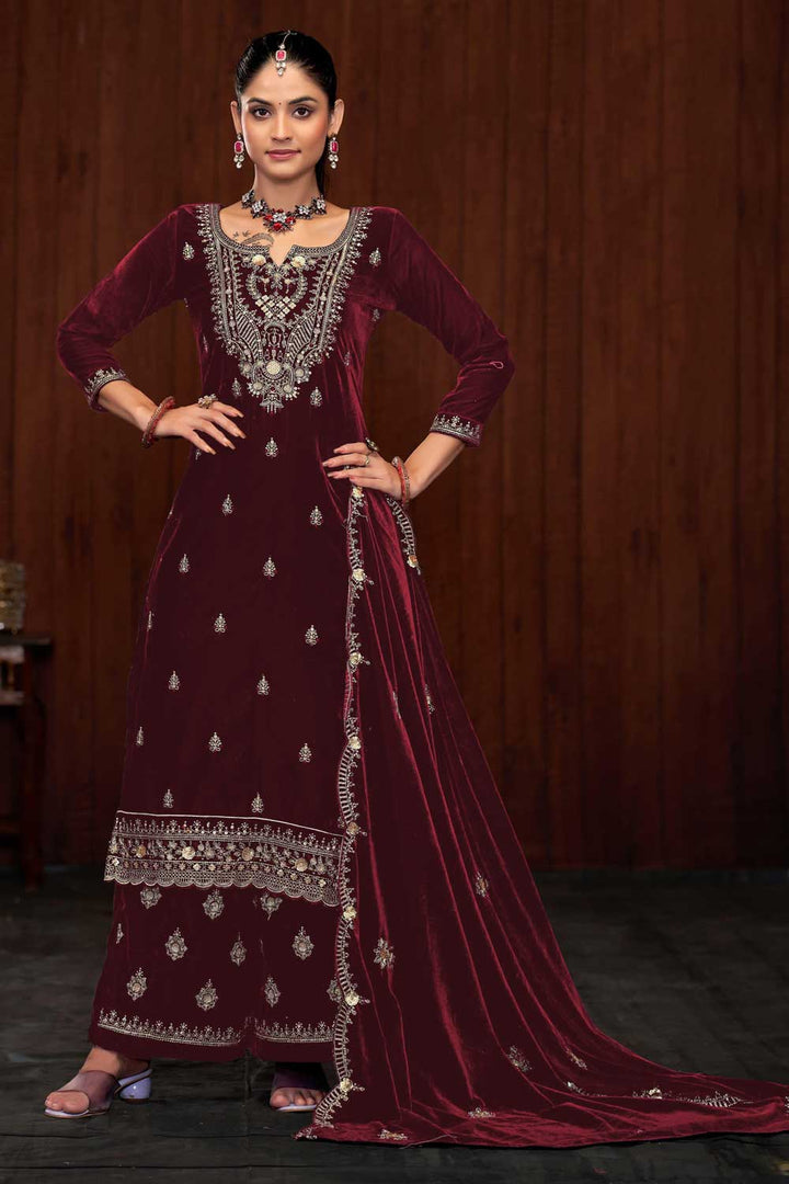 Maroon Color Function Wear Winsome Velvet Palazzo Suit | Buy Online India