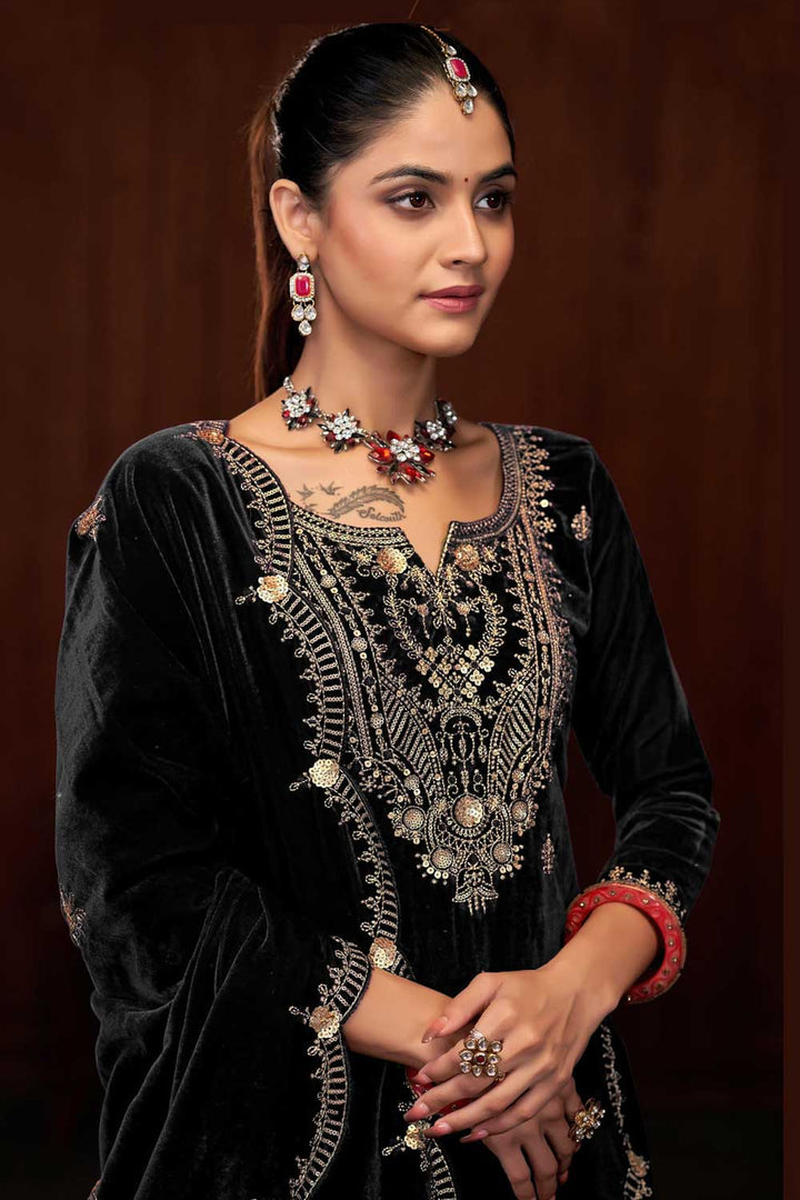 Creative Function Wear Velvet Palazzo Suit In Black Color | Buy Online India