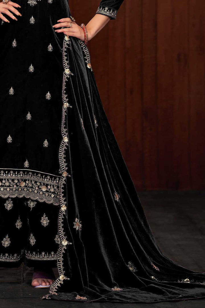 Creative Function Wear Velvet Palazzo Suit In Black Color | Buy Online India