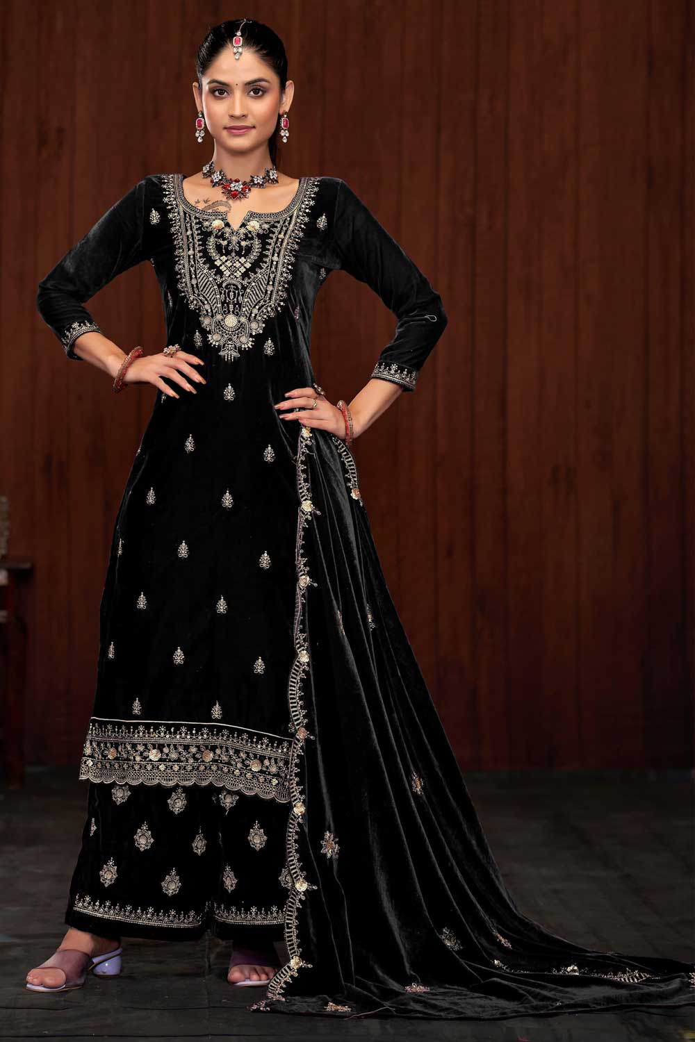 Creative Function Wear Velvet Palazzo Suit In Black Color | Buy Online India