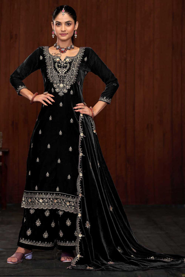 Creative Function Wear Velvet Palazzo Suit In Black Color | Buy Online India