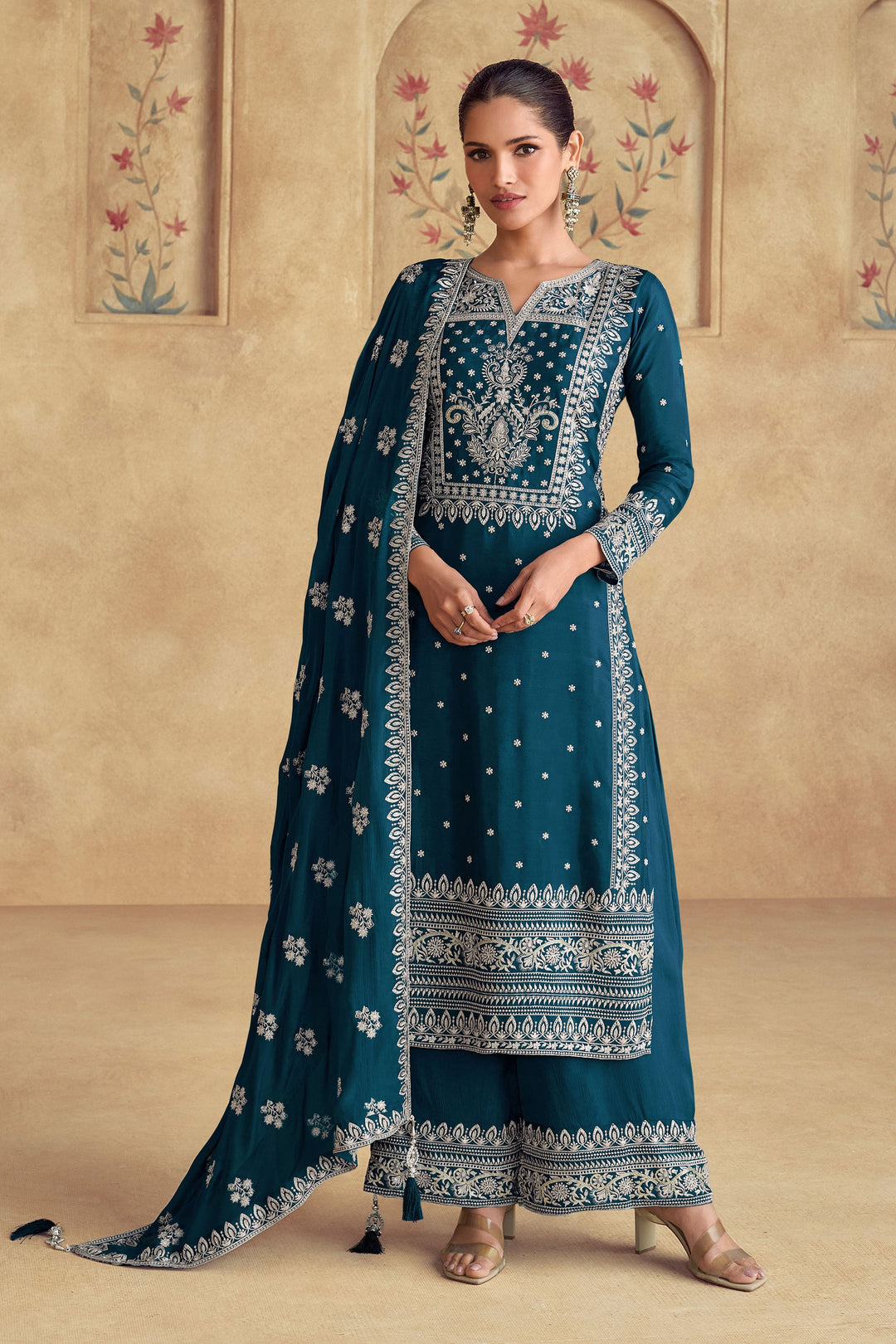 Teal Color Embroidered Palazzo Suit In Georgette Fabric | Buy Online India