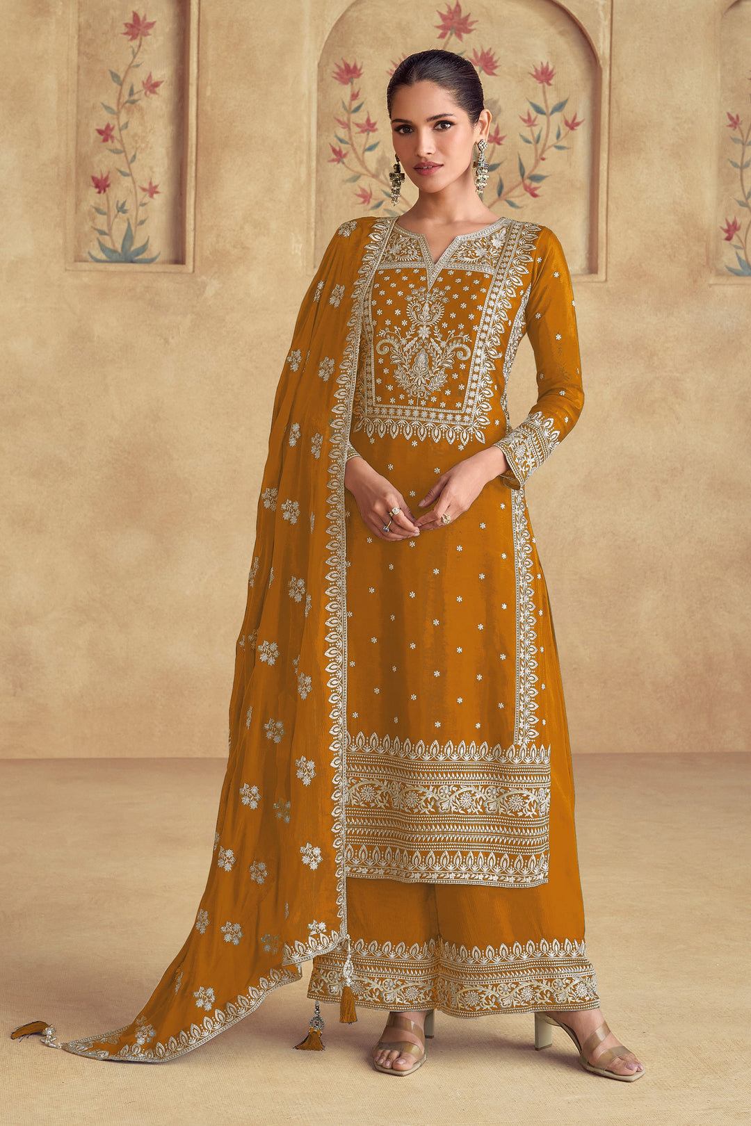 Embroidered Mustard Color Palazzo Suit In Georgette Fabric | Buy Online India