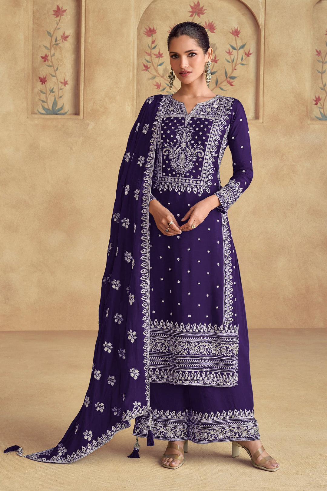 Purple Color Embroidered Palazzo Suit In Georgette Fabric | Buy Online India
