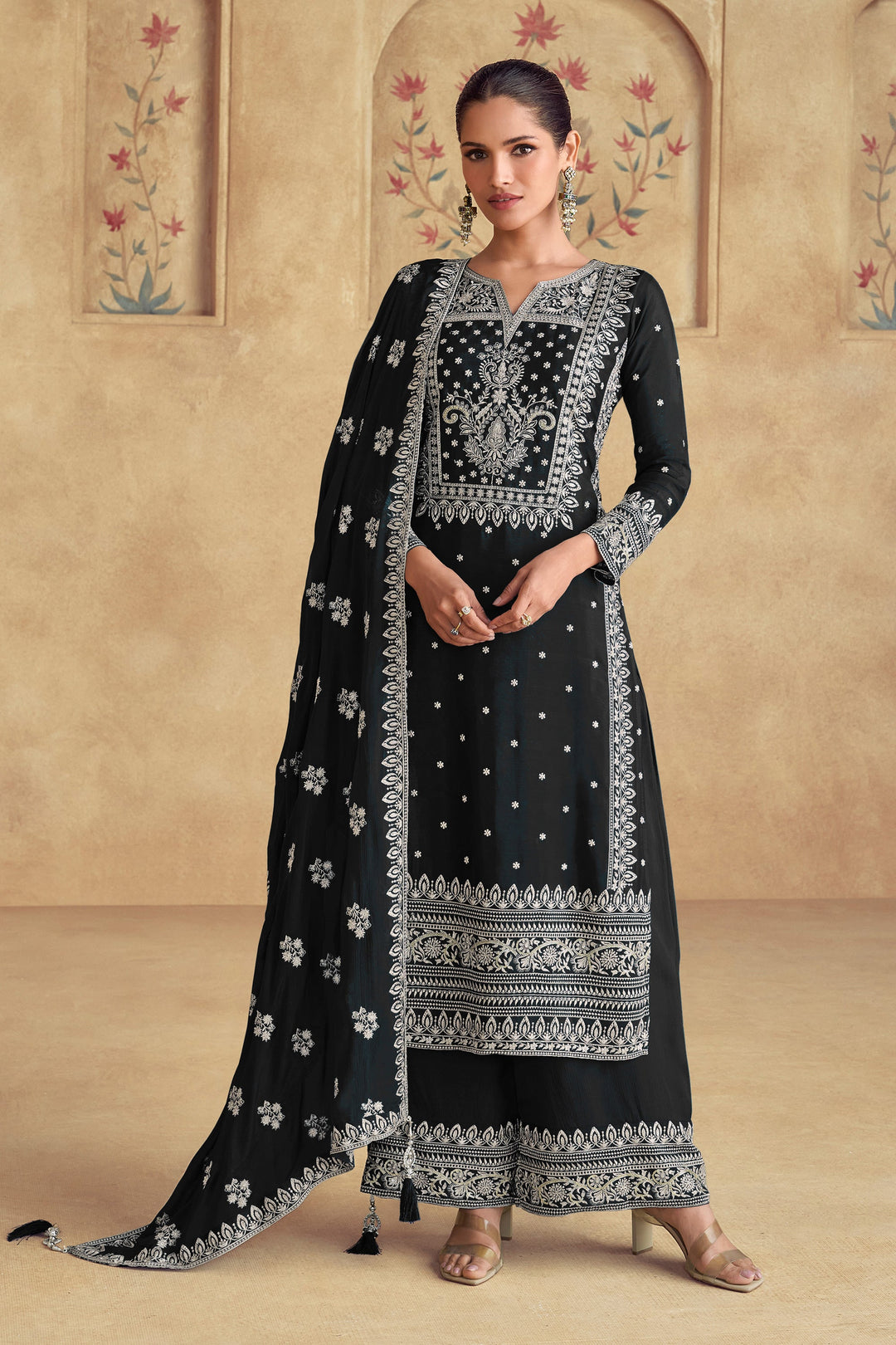 Embroidered Georgette Fabric Palazzo Suit In Black Color | Buy Online India