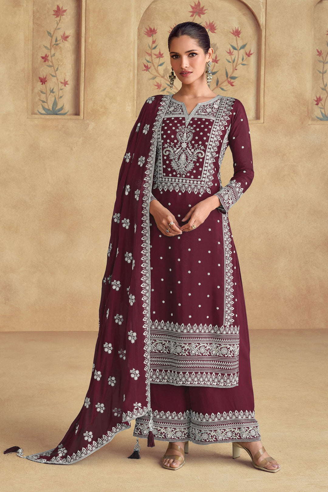 Burgundy Color Embroidered Palazzo Suit In Georgette Fabric | Buy Online India