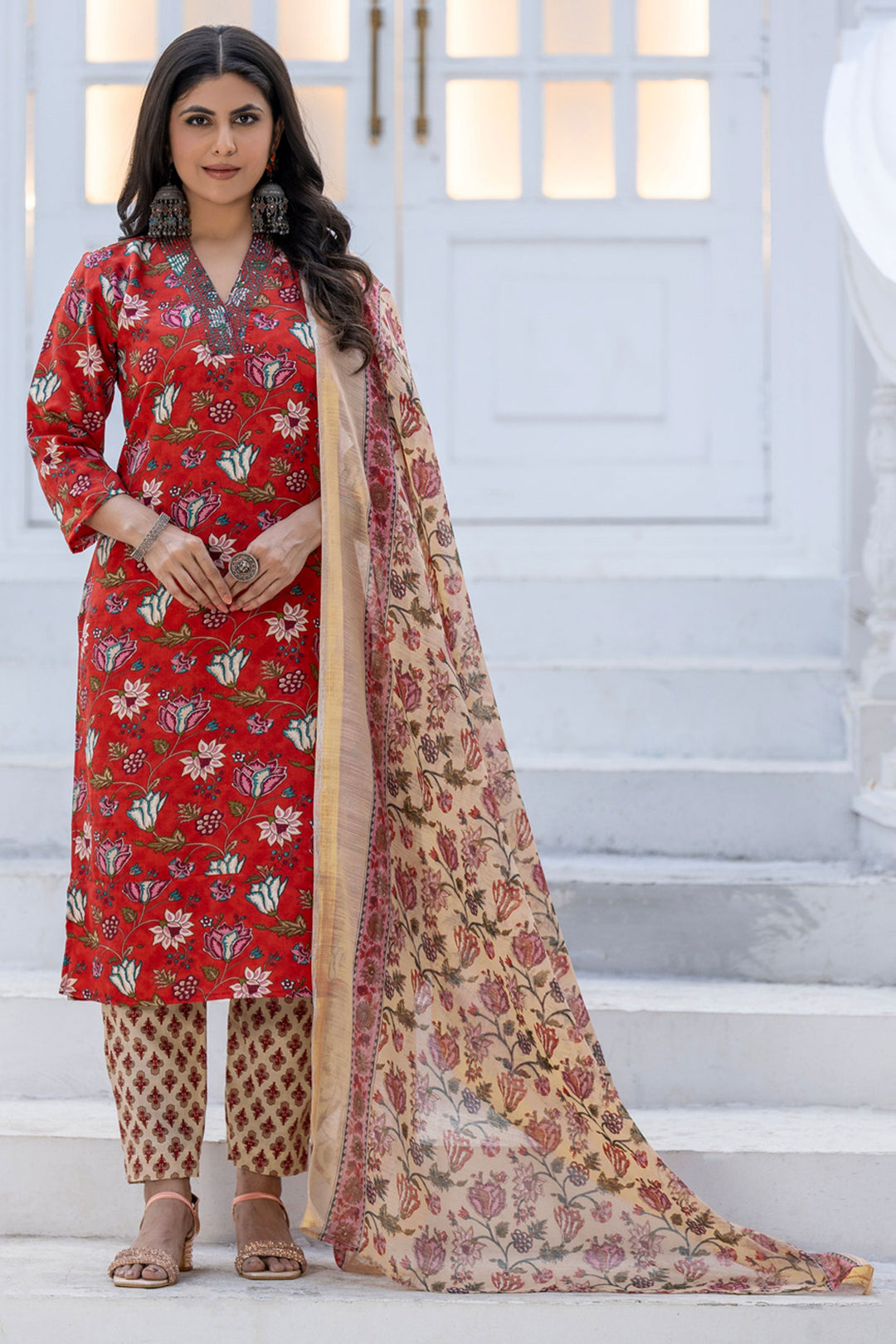 Red Festive Wear Rayon Floral Printed Readymade Salwar Suit | Buy Online India
