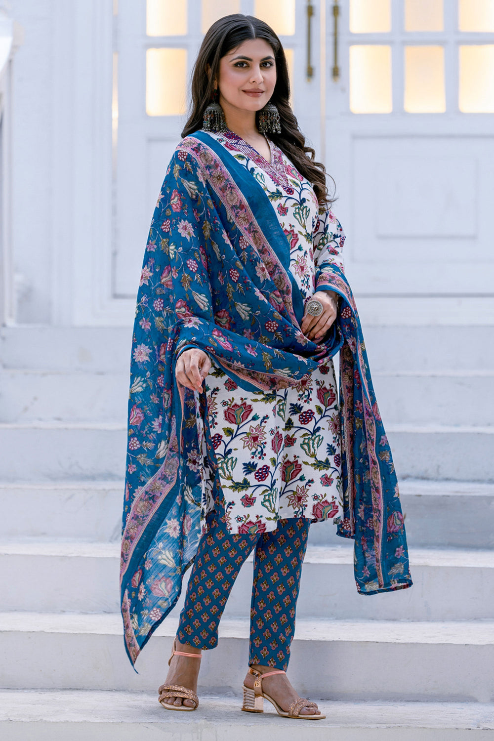 Floral Printed Rayon Fabric White Readymade Salwar Suit For Festive Wear | Buy Online India