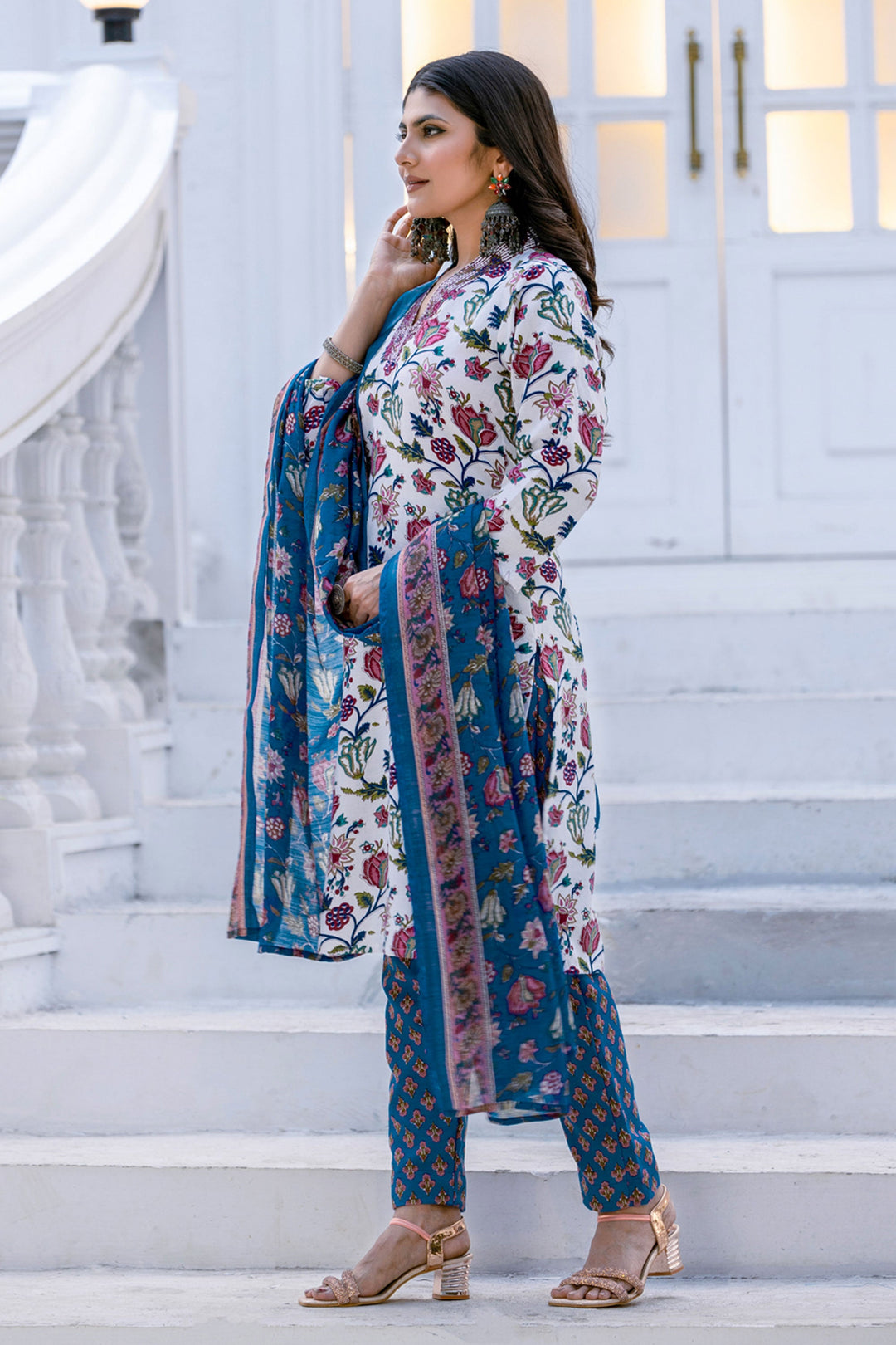 Floral Printed Rayon Fabric White Readymade Salwar Suit For Festive Wear | Buy Online India