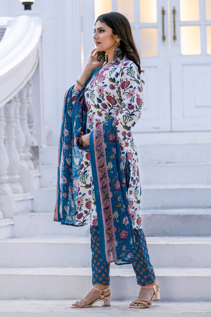 Floral Printed Rayon Fabric White Readymade Salwar Suit For Festive Wear | Buy Online India