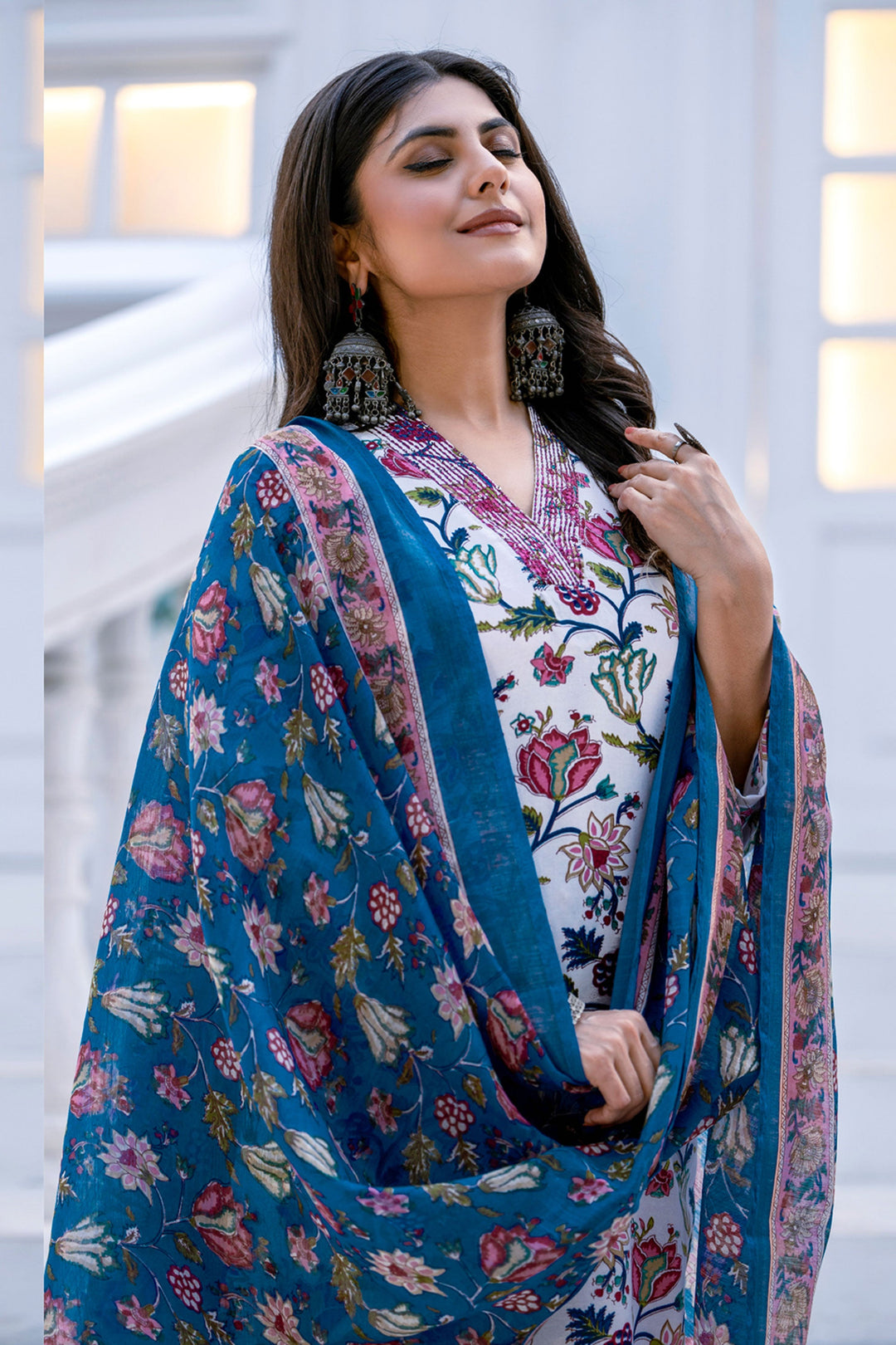 Floral Printed Rayon Fabric White Readymade Salwar Suit For Festive Wear | Buy Online India