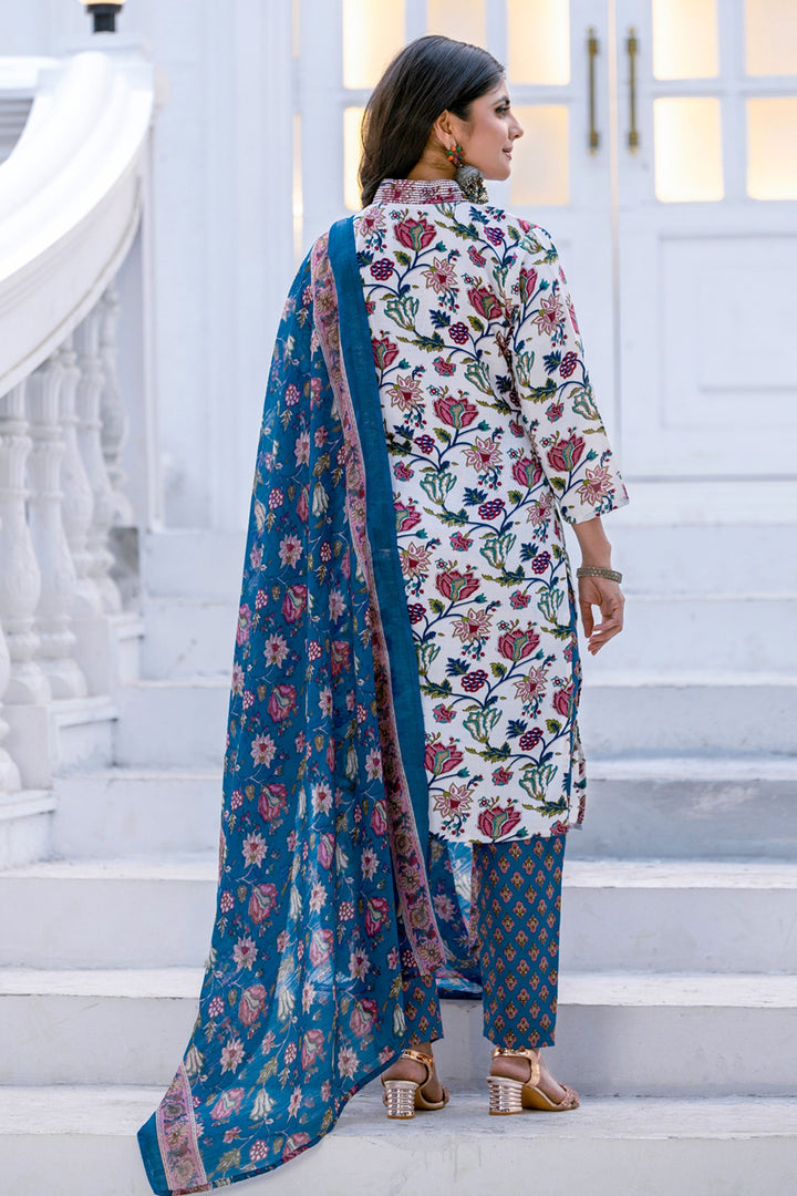 Floral Printed Rayon Fabric White Readymade Salwar Suit For Festive Wear | Buy Online India