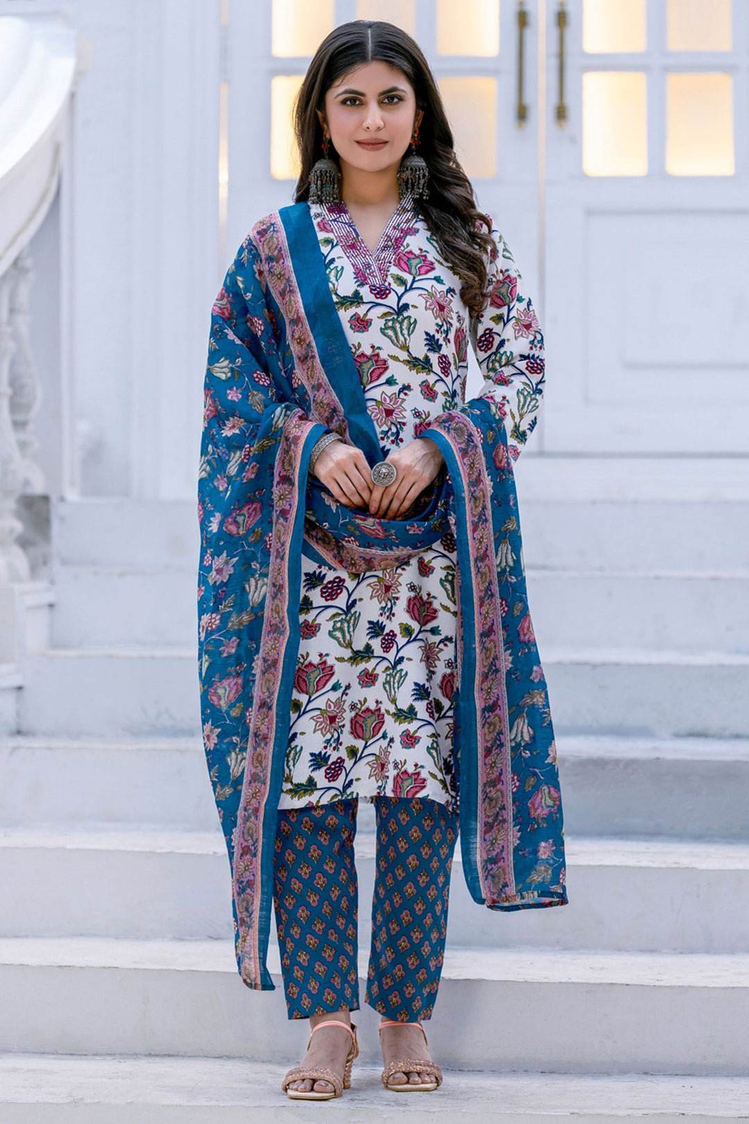 Floral Printed Rayon Fabric White Readymade Salwar Suit For Festive Wear | Buy Online India