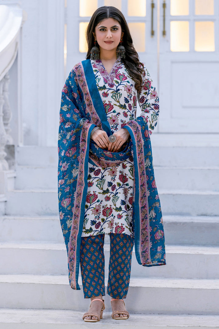 Floral Printed Rayon Fabric White Readymade Salwar Suit For Festive Wear | Buy Online India