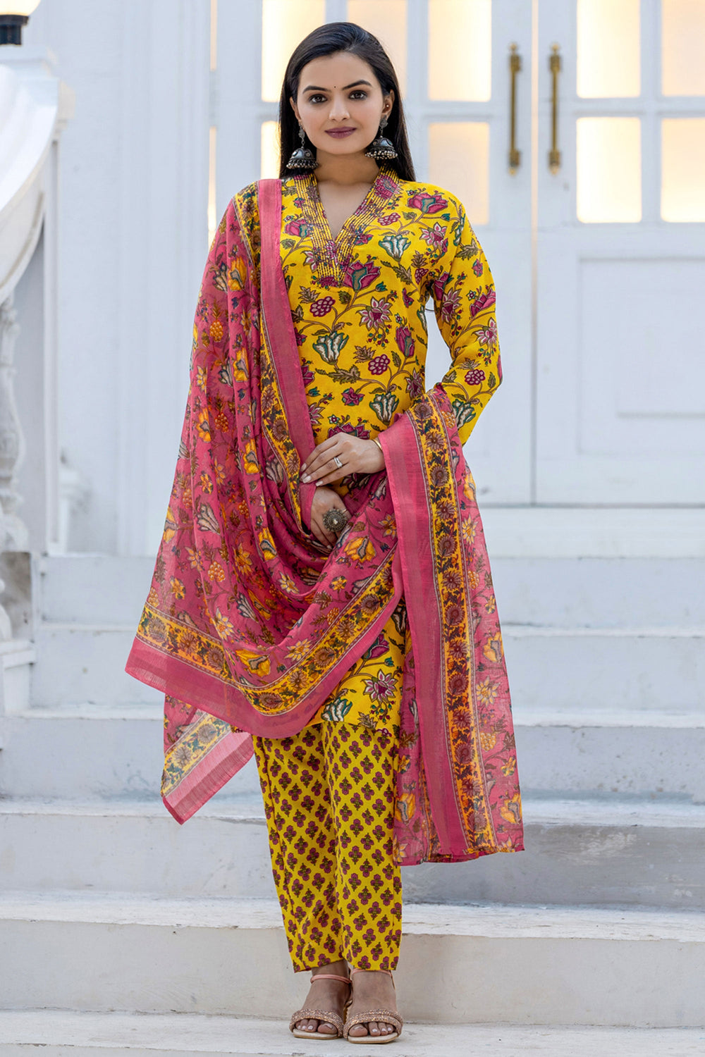 Yellow Festive Wear Rayon Floral Printed Readymade Salwar Suit | Buy Online India