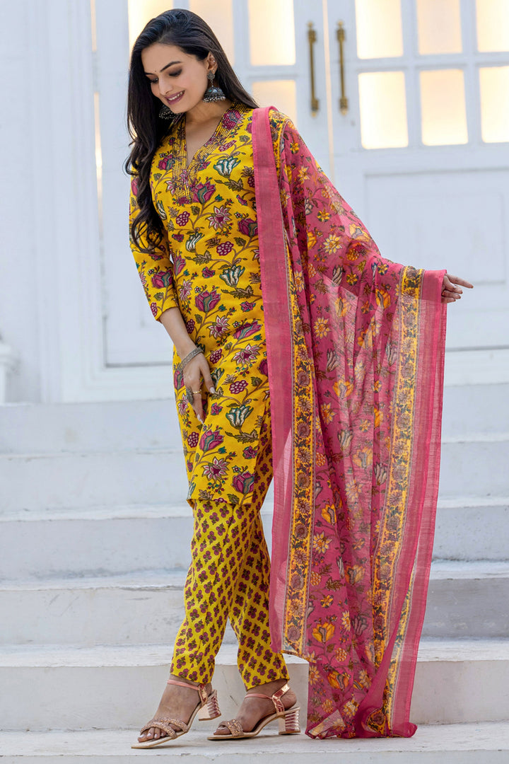 Yellow Festive Wear Rayon Floral Printed Readymade Salwar Suit | Buy Online India