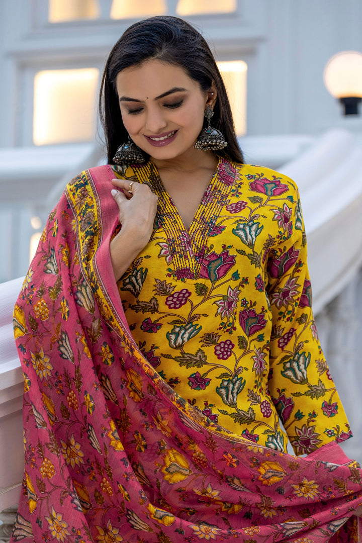 Yellow Festive Wear Rayon Floral Printed Readymade Salwar Suit | Buy Online India