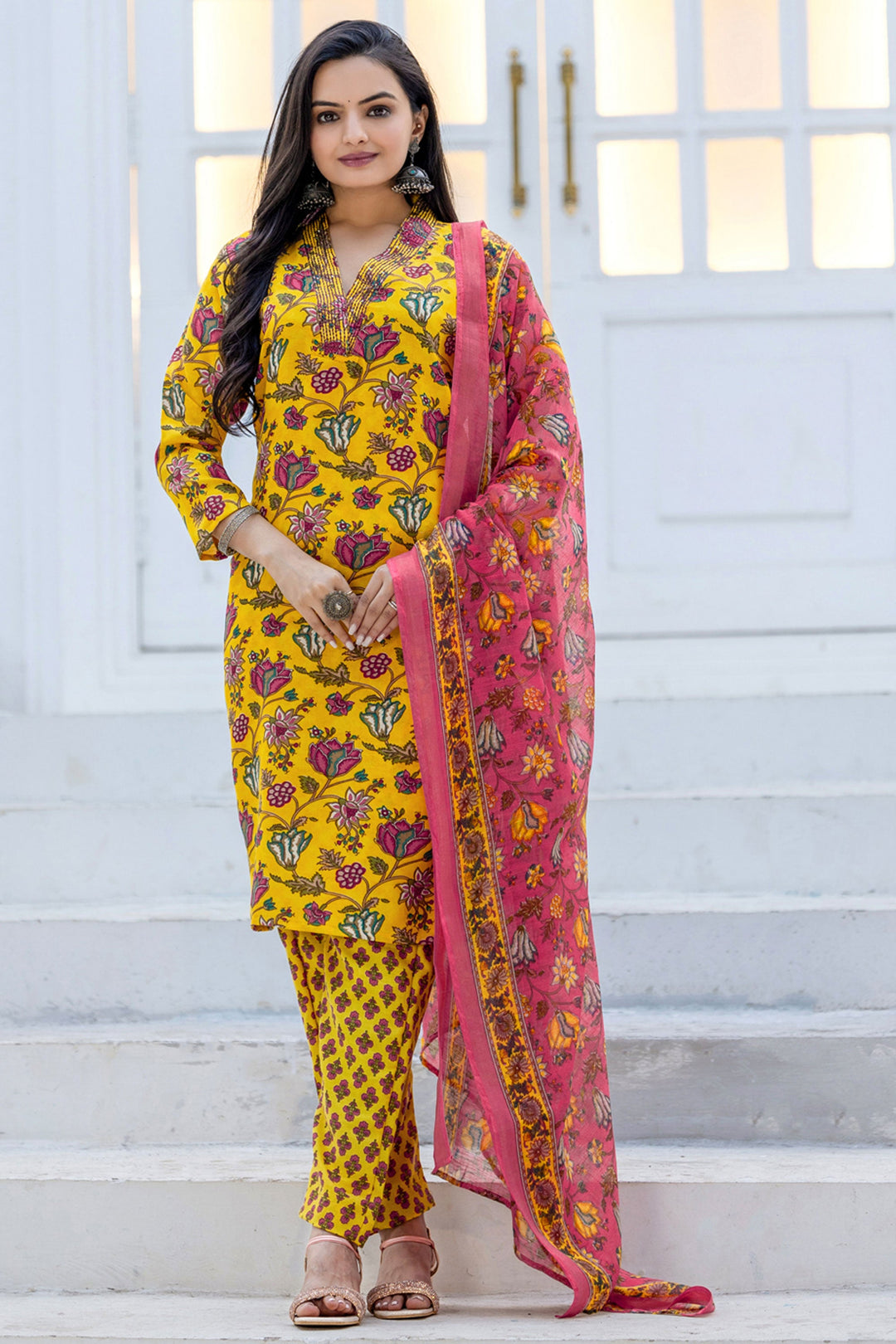 Yellow Festive Wear Rayon Floral Printed Readymade Salwar Suit | Buy Online India