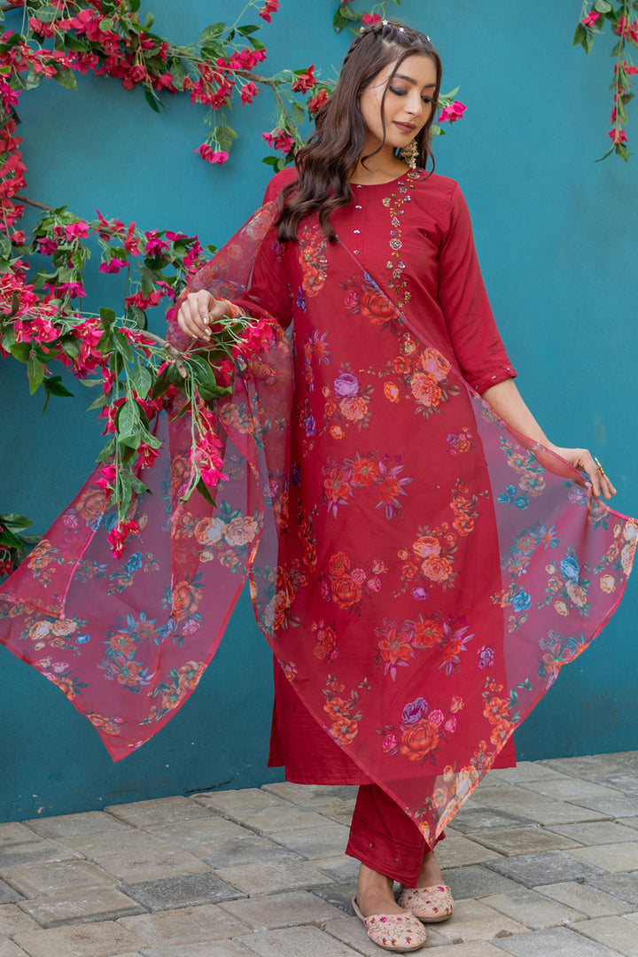 Trendy Red Color Readymade Salwar Suit In Silk Fabric | Buy Online India