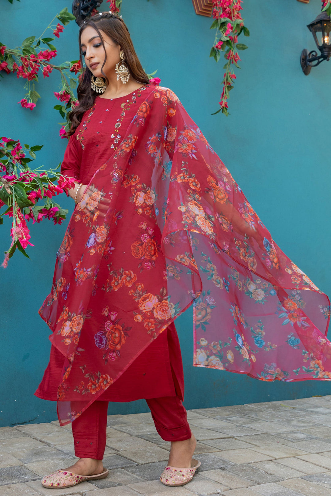 Trendy Red Color Readymade Salwar Suit In Silk Fabric | Buy Online India