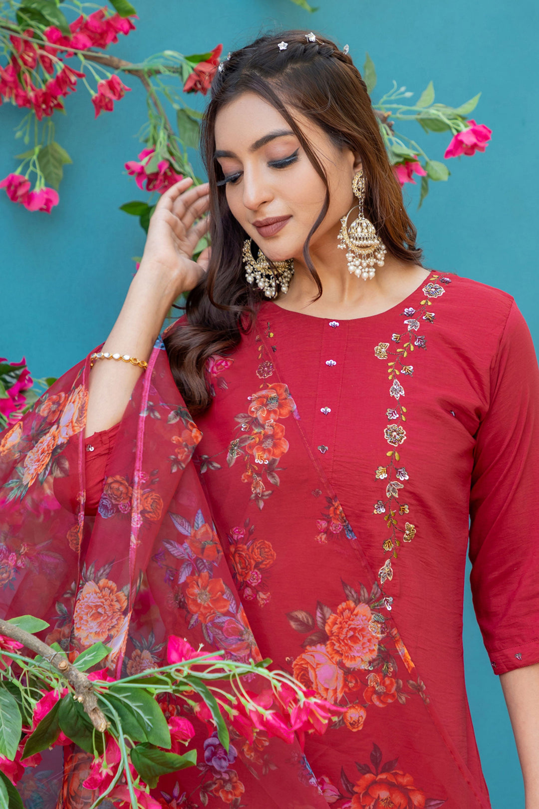 Trendy Red Color Readymade Salwar Suit In Silk Fabric | Buy Online India
