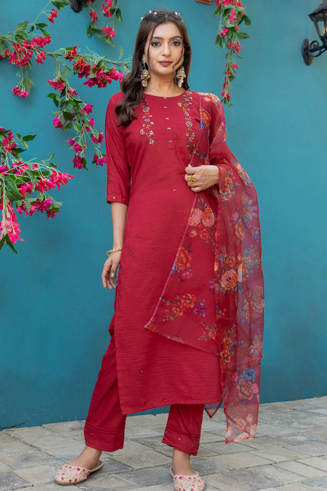 Trendy Red Color Readymade Salwar Suit In Silk Fabric | Buy Online India