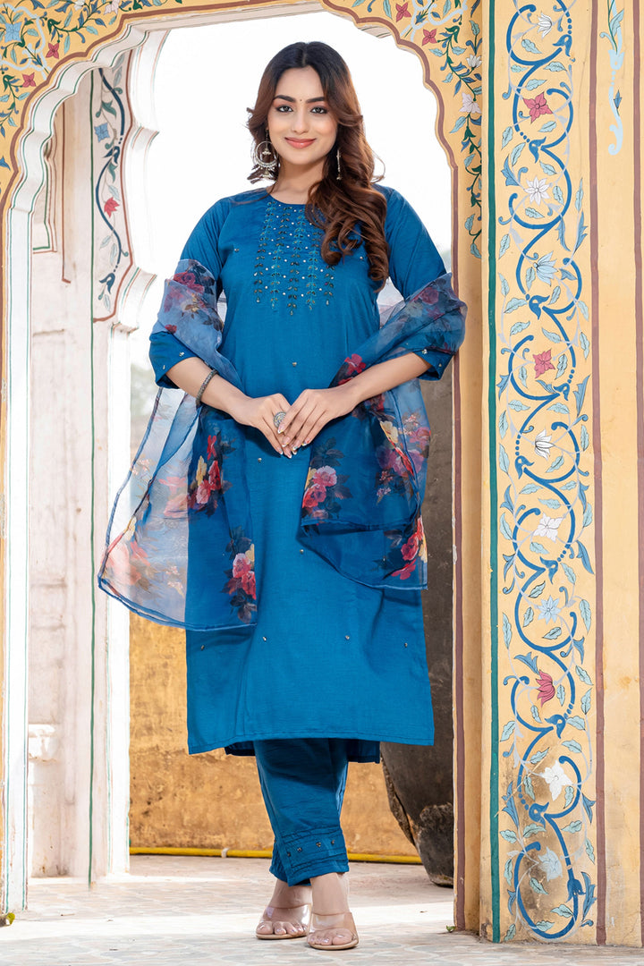 Blue Color Exquisite Readymade Salwar Suit In Silk Fabric | Buy Online India