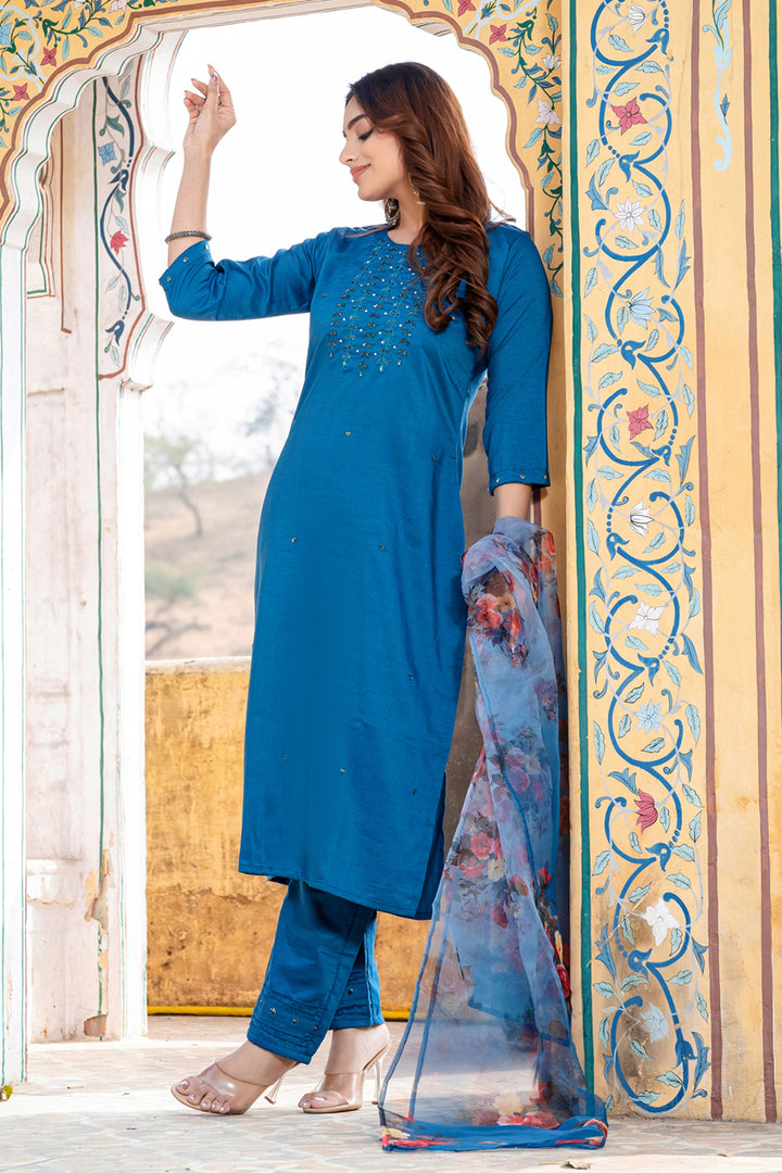 Blue Color Exquisite Readymade Salwar Suit In Silk Fabric | Buy Online India
