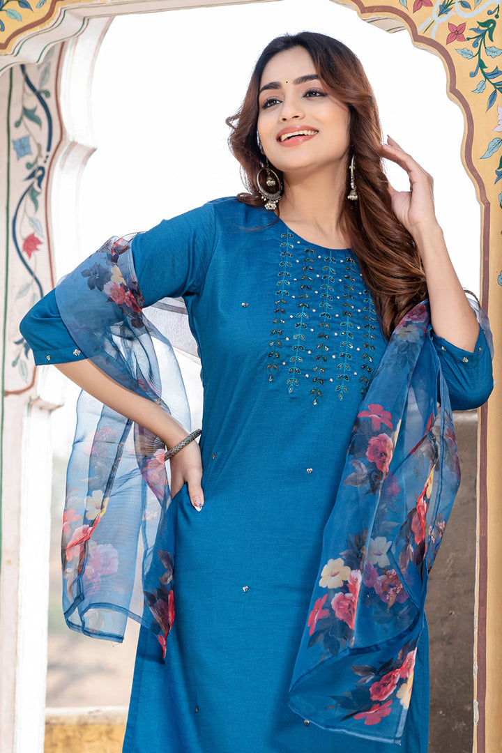 Blue Color Exquisite Readymade Salwar Suit In Silk Fabric | Buy Online India