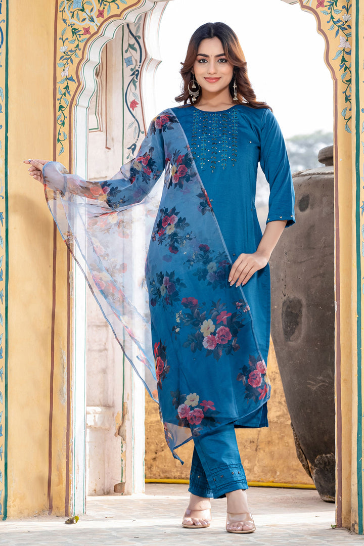 Blue Color Exquisite Readymade Salwar Suit In Silk Fabric | Buy Online India