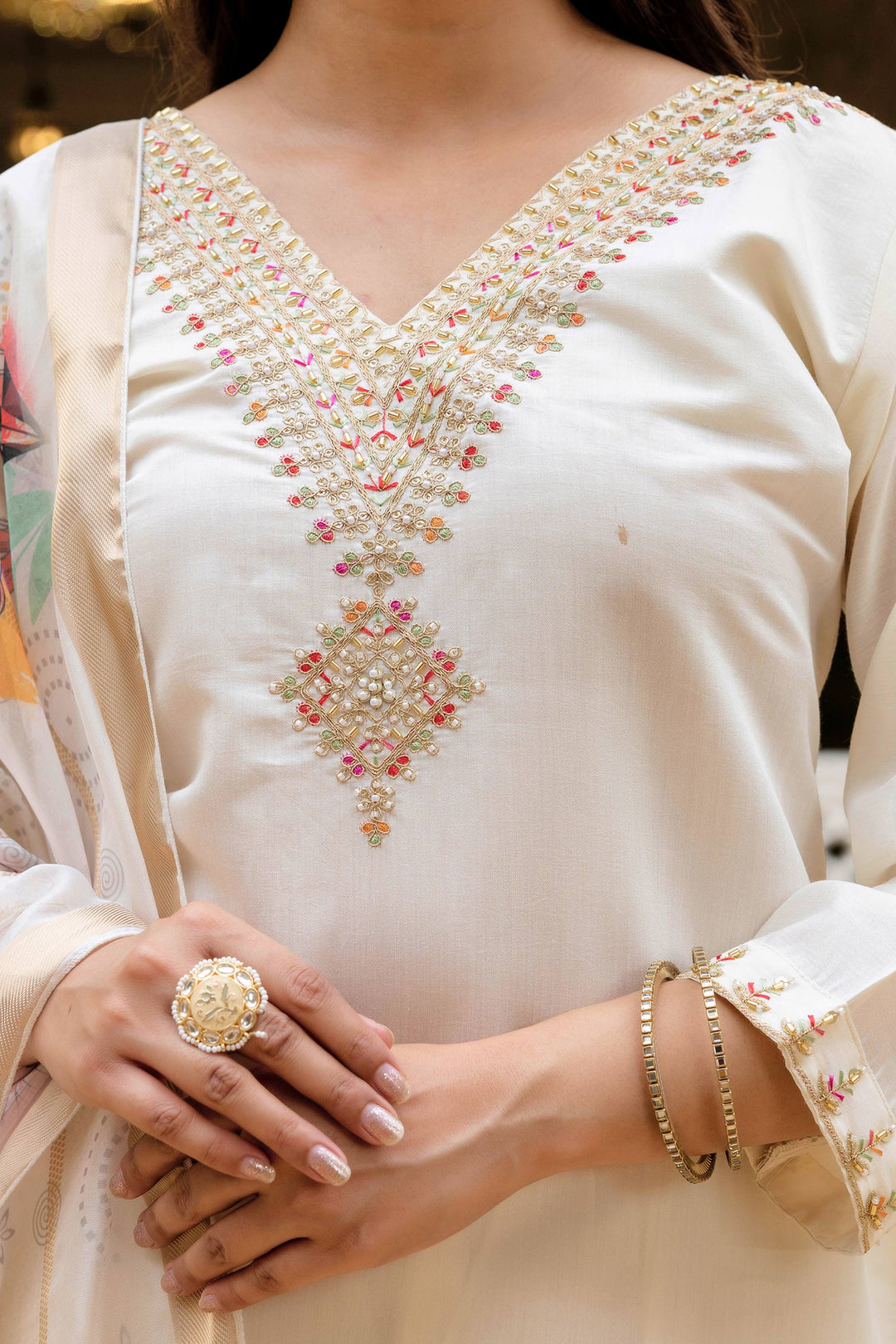 Viscose Embroidered Off White Festive Wear Readymade Salwar Suit | Buy Online India