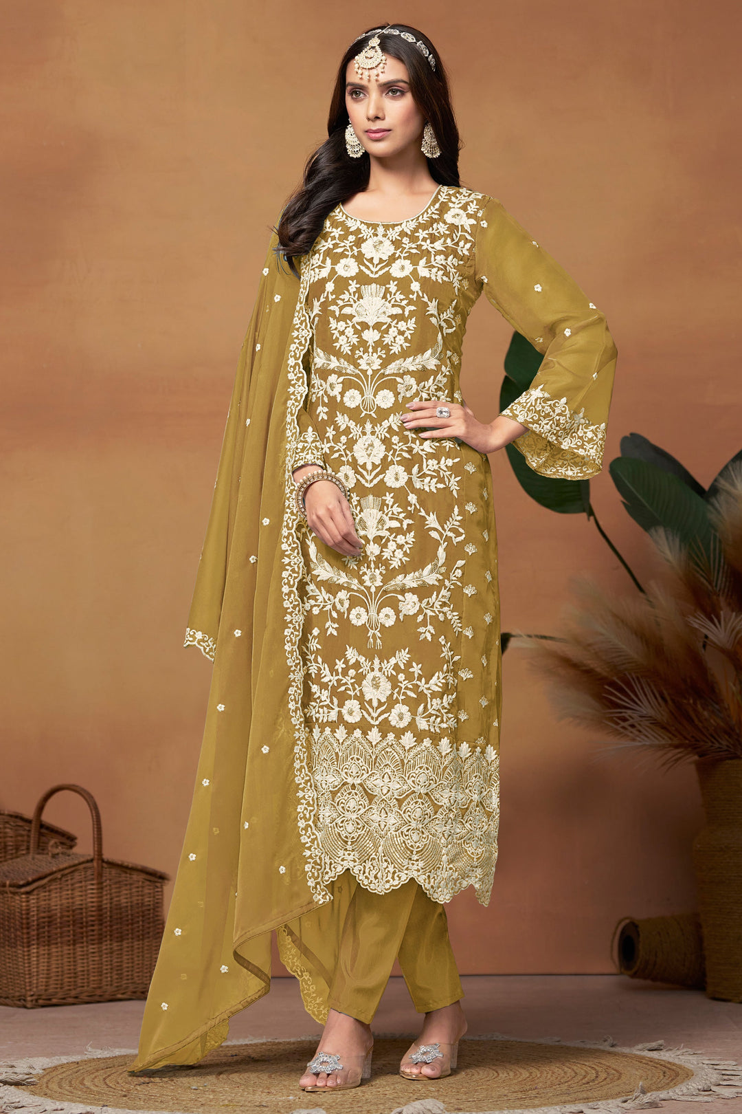 Incredible Organza Fabric Mustard Color Function Wear Salwar Suit | Buy Online India