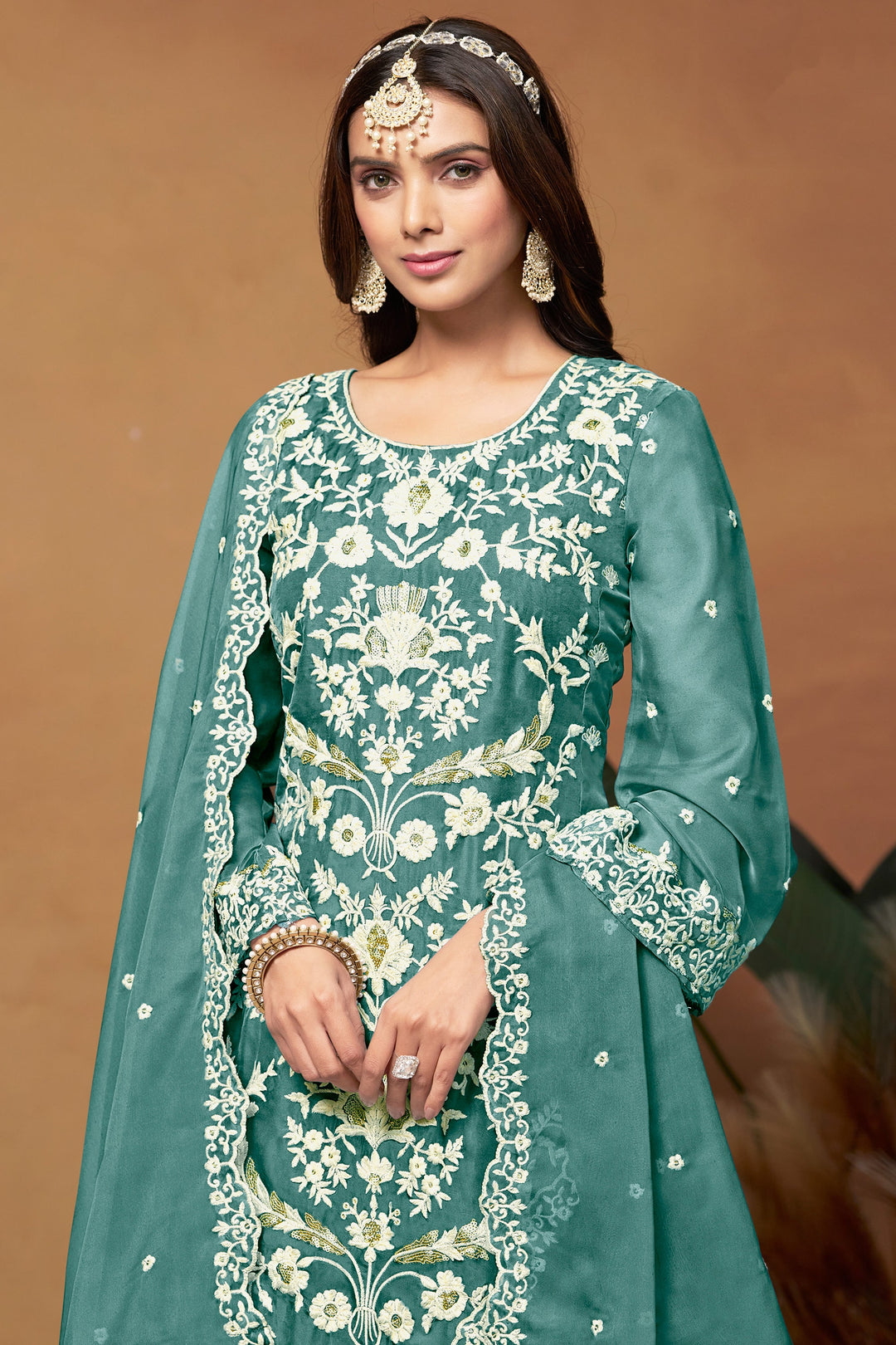 Engaging Sea Green Color Organza Fabric Function Wear Salwar Suit | Buy Online India